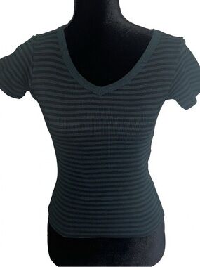 Hard Tail Striped V-Neck Short Sleeve Ribbed Top one Size Made in USA